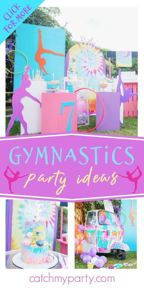 Tumbling Party Ideas, Gymnastics Party Theme, Gymnastic Party Decorations, Gymnastics Birthday Party Games, Tumbling Birthday Party Ideas, Gymnastic Party Ideas, Gymnastics Cakes For Girls Birthday, Gymnastic Themed Birthday Party, Gymnastic Birthday Party Ideas