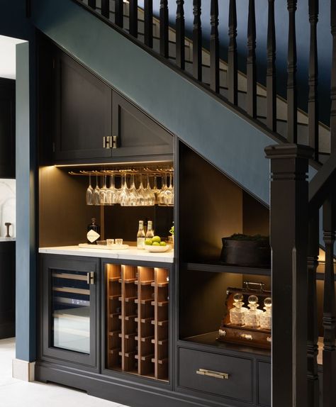 Under The Stairs Bar Ideas Basements, Under Stairs Wine Cellar Modern, Bar Under Stairs Modern, Understairs Wine Bar, Under Stairs Cellar, Understair Wine Room, Understairs Wine Room, Wet Bar Under Stairs, Under Stairs Bar Ideas