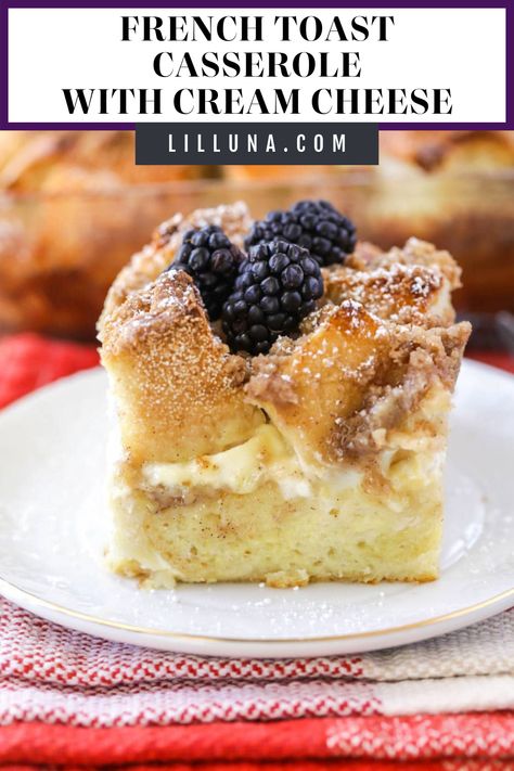 French toast casserole with cream cheese is a tasty make-ahead breakfast! Each bite is bursting with rich cream cheese. #frenchtoastbake #frenchtoast #creamcheese #breakfast #breakfastcasserole Easy Stuffed French Toast, Casserole With Cream Cheese, Oven French Toast, Cream Cheese French Toast, Cheese French Toast, Easy French Toast Bake, Easy Easter Brunch, Amazing Snacks, Brunch Bake