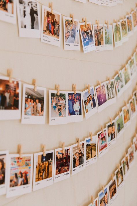 Ideas To Hang Polaroid Pictures, Photograph Decoration Ideas, Polaroid Wall For Wedding, Displaying Photos At Wedding, Polaroids Decor, Polaroid Wall Wedding, Polaroid Garland, Hanging Polaroid Pictures, Polaroid Decoration Ideas