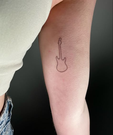 Guitar Tattoo Matching Guitar Tattoos, Tiny Guitar Tattoo Simple, Small Gutair Tattoos, Guitar Small Tattoo, Red Guitar Tattoo, Music Stick And Poke Tattoo, Fender Strat Tattoo, Cute Guitar Tattoos, Half Guitar Tattoo