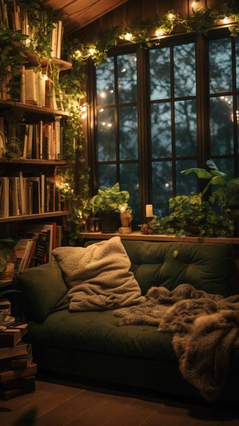 27 Cozy Reading nook Ideas That You Will Love For Your Home Book Bay Window, Library And Plants, Cozy Book Nooks, Book Nook Bay Window, Extra Den Room Ideas, Cozy Reading Nook Small Spaces Harry Potter, Dark Book Shelves, Cosy Library Aesthetic, Dark Cozy Reading Room