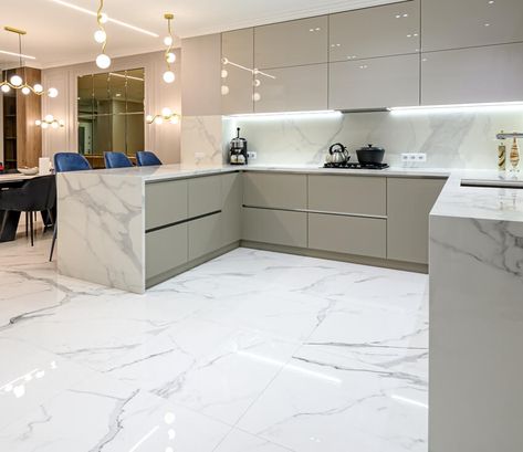 Kitchen Lighting Layout, Marble Tile Kitchen, Marble Floor Kitchen, European Kitchen Cabinets, Marble Flooring Design, White Marble Kitchen, Серая Кухня, White Marble Floor, Wall Tiles Design