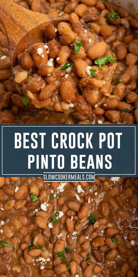 A wooden spoon holding pinto beans in a crock pot. Texas Pinto Beans Recipe, Crockpot Pinto Beans Recipe, Crockpot Pinto Beans, Crock Pot Pinto Beans, Slow Cooker Pinto Beans, Pinto Beans Recipe, Beans Recipe Crockpot, Dry Beans Recipe, Beans In Crockpot