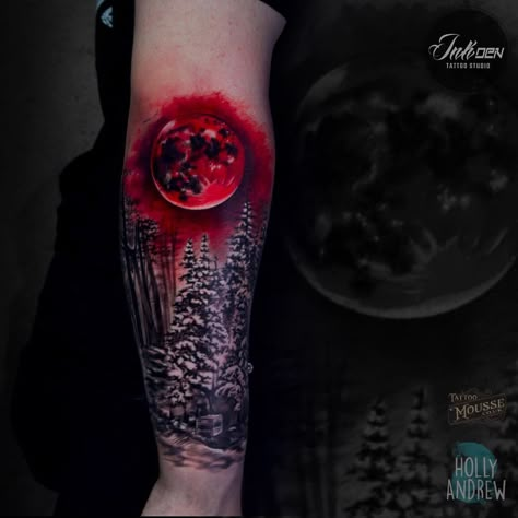 Blood moon forest scene done by Holly last week. Awesome piece and a great day in the studio! (Hidden gaming reference in here too.. can you see it?) Extra Points Awarded! @inkdentattoostudio @blackpool #inkdentattoostudio #worldfamousink #tattoo #tattooartist #tattoos #tattoolife #ink #inked #inklife #inkedlifestyle #realtattoos #realism #realismtattoo #realismart #realismtattoos #3dtattoo Dark Tattoos For Men, Through Tattoo, Gaming Reference, Dragon Tattoo Drawing, Blood Tattoo, Sky Tattoos, Camera Tattoos, Taboo Tattoo, Moon Forest