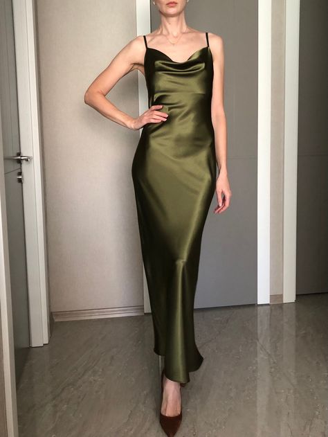 Excited to share this item from my #etsy shop: Khaki Cowl Neck Silk Satin Maxi Length Slip Dress,Adjustable Spaghetti Straps,Dark Olive Date Night,Military Green Silky Bridesmaid Bias cut Olive Green Satin Dress, Olive Green Bridesmaid Dresses, Green Dress Outfit, Green Slip Dress, Winter Bridesmaid Dresses, Green Satin Dress, Green Silk Dresses, Silk Satin Dress, Bias Cut Dress