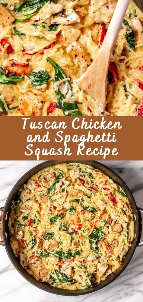 Tuscan Chicken and Spaghetti Squash Recipe | Cheff Recipes Spaghetti Squash Chicken Marsala, Spaghetti Squash Sweet Potato, Spicy Spaghetti Squash, Keto Meals With Spaghetti Squash, Tuscan Chicken Spaghetti Squash Recipes, Spaghetti Squash Recipes Chicken Alfredo, Tuscan Chicken With Spaghetti Squash, Chicken Bacon Spaghetti Squash, Spaghetti Squash Gluten Free Recipes