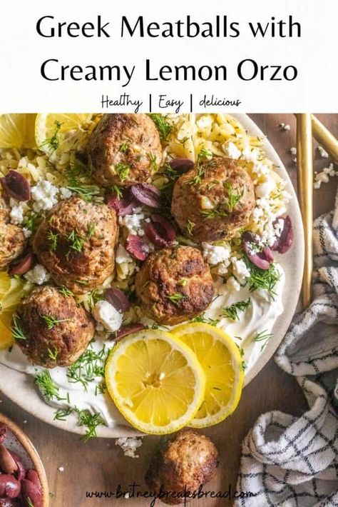 Greek Meatballs with Creamy Lemon Orzo Orzo With Turkey Meatballs, Lemon Orzo Meatball, Orzo Meatball Recipe, Lemon Garlic Meatballs, Greek Meatballs And Orzo, Turkey Meatballs With Orzo, Greek Turkey Meatballs With Orzo, Chicken Meatball Orzo, Greek Chicken Meatballs With Lemon Orzo