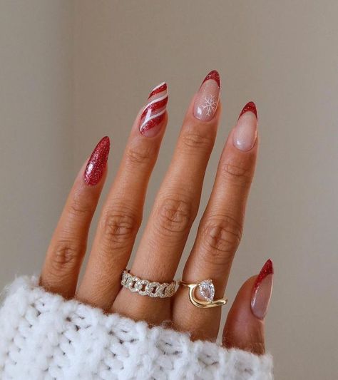 27 Candy Cane Nails That Are Oh So Sweet - Lifestyle With Amal Christmas Nail Design Almond Shape, Xmas Red Nails Christmas Design, Builder Gel Christmas Nails, Christmas Acrylics Almond, Christmas Red And Gold Nails, Funky Christmas Nails Acrylic, Almond Nail Christmas Designs, Red Almond Nails Christmas, Christmas Nail Inspo 2024