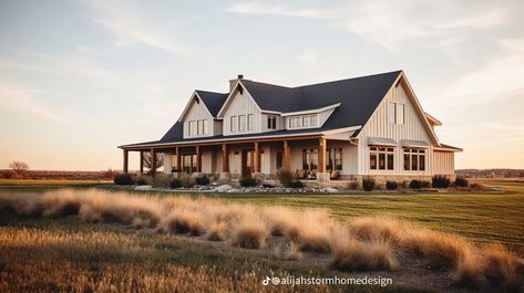 Modern Farm Style Homes, Black And White Country House, Small Western House Exterior, White House Black Trim Wrap Around Porch, Western Houses Ranch Style Exterior, Long Ranch House Exterior, House On Land Country, Big Modern Farmhouse, Ranch With Porch