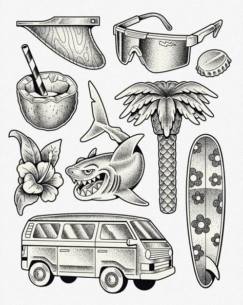 Tattoo Flash Realistic, Travel Traditional Tattoo, Beach Boys Tattoo, Trad Flash, Flash Drawing, Surf Tattoo, Song Tattoos, Inspo Tattoo, Boy Tattoos