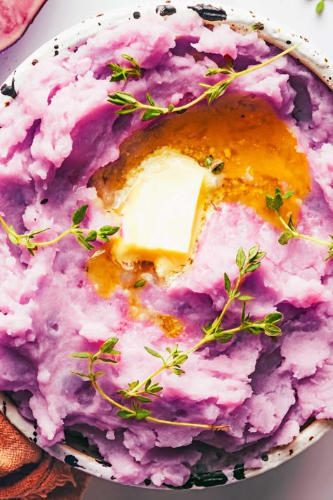 Purple Mashed Potatoes Recipes, Smashed Purple Potatoes, Mashed Purple Sweet Potatoes, Mashed Purple Potatoes, Purple Potatoes Recipe, Purple Potato Recipe, Purple Cauliflower Recipe, Beni Imo, Whole30 Sides