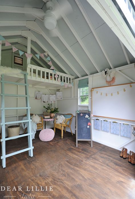 Turning A Shed Into A Playhouse, Farmhouse Playhouse Interior, She Shed Playhouse, Convert Shed To Playhouse, Playhouse Shed Ideas, Shed Converted To Playhouse, Kids Playhouse Decorating Ideas, Inside Outdoor Playhouse Ideas, Shed Playhouse Ideas