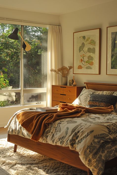 Mid-Century Modern Bedding Ideas - Quiet Minimal Small Bedroom Ideas Mid Century Modern, Interior Design Calming, Midcentury Modern Small Bedroom, Modern Retro Interior Design Bedroom, Minimal Retro Bedroom, Cozy Mid Century Bedroom, Mid Century Modern Bedroom Colorful, Bedroom Inspirations Mid Century Modern, Boho Mcm Bedroom