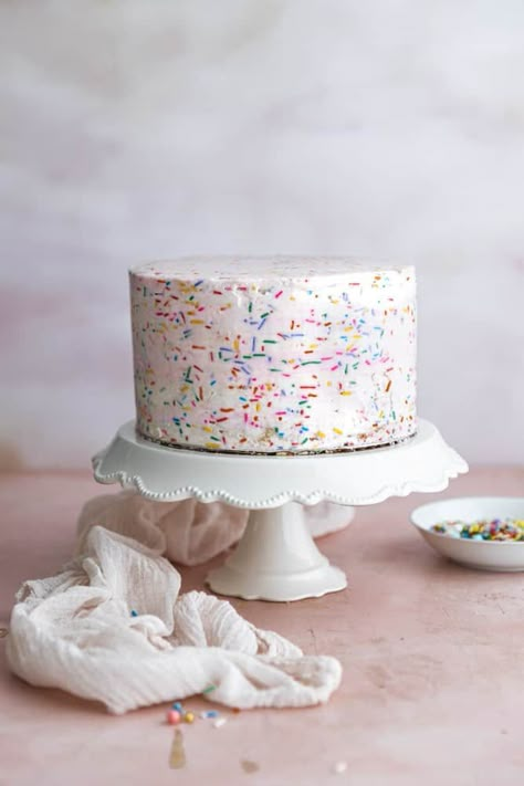 This confetti cake is deliciously light and fluffy and filled with classic rainbow sprinkles which gives this cake it's name! The cake is easy to make and tastes SO much better than a box mix. It's filled and topped with a confetti buttercream frosting and is perfect for birthday parties or any celebration! #confetticake #confettidessert #birthdaycake #celebrationcake #sprinklecake #frostingandfettuccine Cake Smash Cakes, Confetti Cake Recipes, School Cakes, Funfetti Frosting, Confetti Cupcakes, Canned Frosting, Cake From Scratch, School Cake, Smash Cakes