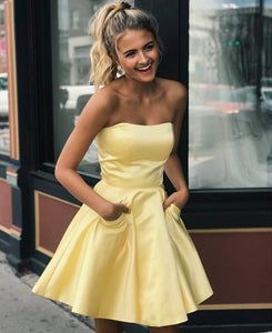 Basic Prom Dresses Short, Pale Yellow Bridesmaid Dresses Short, Short Prom Dresses Yellow, Semi Formal Dresses Yellow, Yellow Short Formal Dress, Homecoming Dress Yellow, Light Yellow Short Dress, Pastel Yellow Dress Short, Simple Homecoming Dress