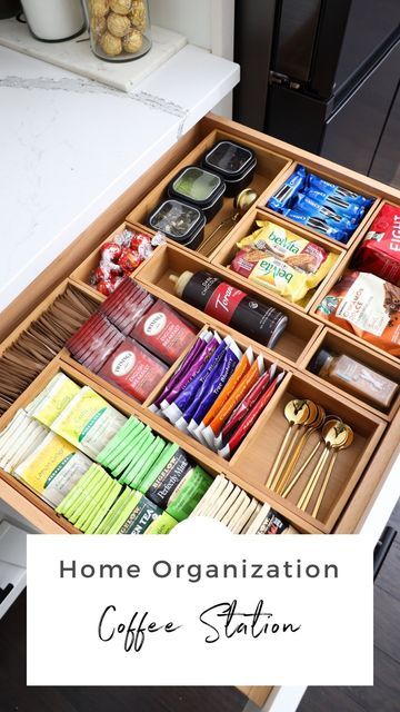 Organized Coffee Drawer, Office Counter Organization, Hotel Room Tea And Coffee Station, Coffee And Tea Organization Countertop, Kitchen Tea Organization, Tea Coffee Drawer Organization, Kitchen Coffee And Tea Station, Coffee Tea Drawer Organizer, Coffee Tea Storage