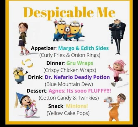 Despicable Me Movie Night Food, Despicable Me Food Ideas, Despicable Me Movie Night, Movie And Dinner Theme Adults, Dinner Movie Theme Night, Disney Movie Dinner Ideas, Disney Theme Dinner Movie Nights, Themed Movie Nights For Kids, Movie Themed Dinner Ideas