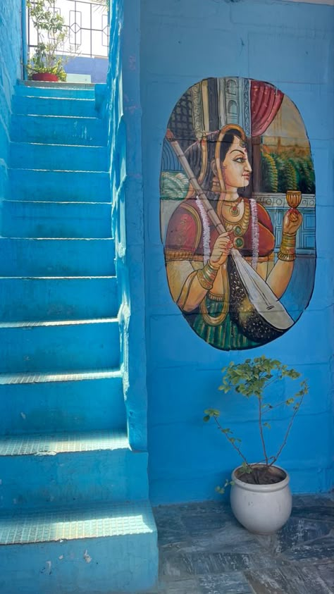 #painting #blue #jodhpur #rajasthan #stairs #india Jodhpur Aesthetic, Blue Indian Aesthetic, Udaipur Aesthetic, Rajasthan Aesthetic, Blue Pottery Jaipur, Jaipur Aesthetic, Blue City Jodhpur, Reference Background, Mauryan Empire