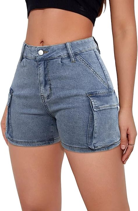 Jeans With Side Pockets, Cargo Shorts Outfit, Cargo Denim Shorts, Womens Jean Shorts, Jean Shorts High Waisted, Plus Size Summer Tops, Cargo Shorts Women, High Waisted Jean, Shorts Outfits Women