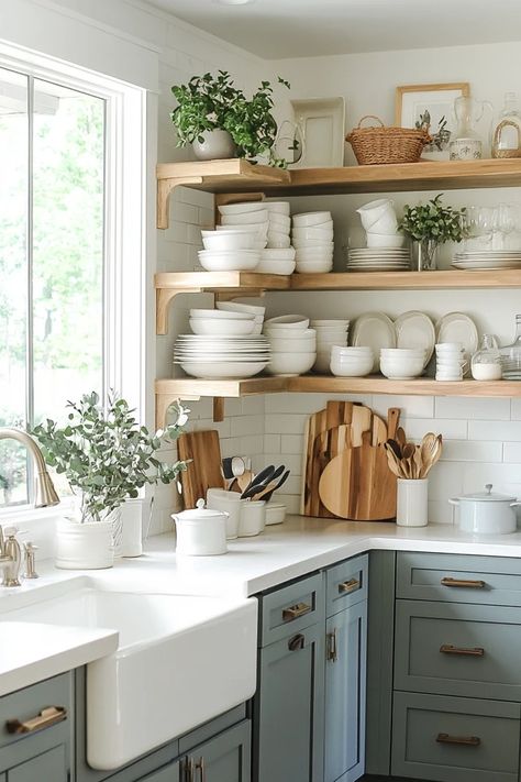 Give your kitchen a farmhouse makeover with DIY cabinets and shelving! These easy projects will add a rustic, cozy feel to your space, perfect for creating a warm, inviting kitchen. 🏡✨ #FarmhouseKitchenMakeover #DIYCabinets #RusticShelving #KitchenRenovation #DIYHomeProjects Kitchen Shelves No Cabinets, Shelves For Cabinets In Kitchen, How To Make Open Shelves In Kitchen, Remove Kitchen Cabinets Diy Open Shelves, Farmhouse Kitchen Shelving Ideas, Farm Kitchen Shelves, Tiny Home Kitchen Ideas Farmhouse, All Open Shelving Kitchen, Kitchen Cabinets And Shelves Combination