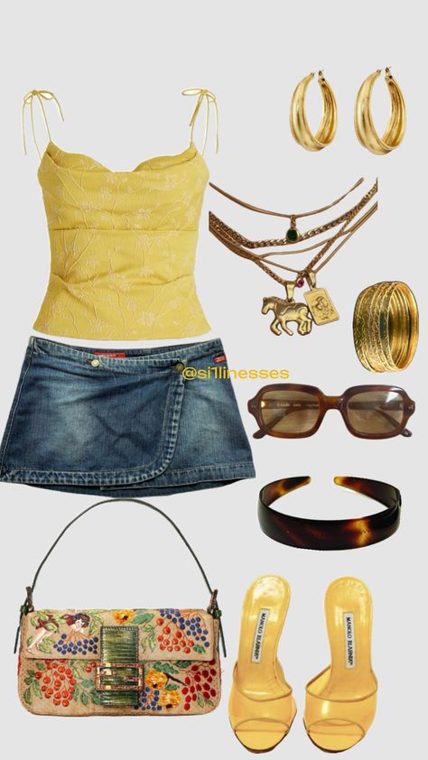 Catalina Outfits, Colourful Summer Outfits, Summer Outfits Tropical, Yellow Summer Outfit, Pop Concert Outfit, European Summer Fashion, Outfit Yellow, Outfit Inspo Casual, Vintage Outfit