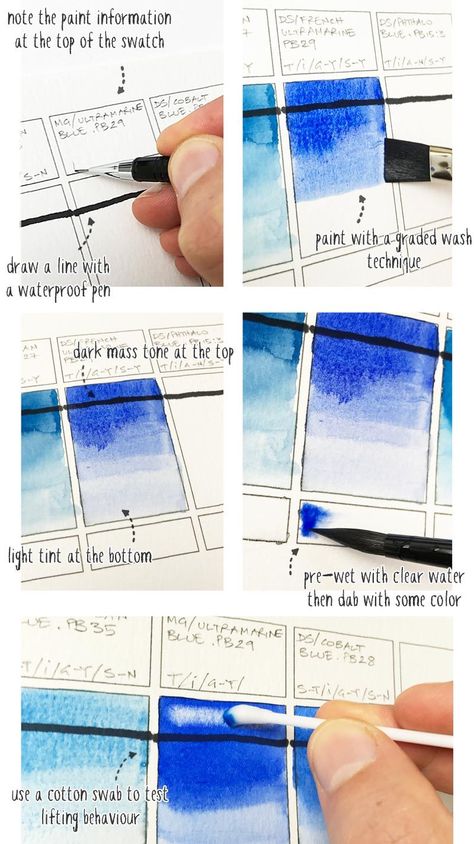 how-to-make-watercolor-swatches-step-by-step Watercolor Swatches, Journal Techniques, Lino Cuts, Watercolor Beginner, Lino Prints, Watercolor Mixing, Watercolor Tips, Watercolor Paintings For Beginners, Watercolor Lessons