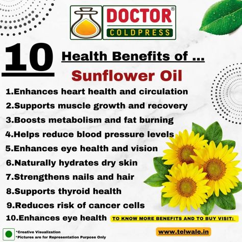 Doctor Coldpress Health Benefits of Sunflower Oil Sunflower oil, extracted from sunflower seeds, is a light, mild-flavored oil rich in unsaturated fats, vitamins, and antioxidants. Known for its high content of vitamin E and omega-6 fatty acids, it’s widely used in cooking and skincare. Sunflower oil is a versatile oil with benefits for heart health, skin, hair, and more. Health Benefits 1. Supports Heart Health ❤️: High in unsaturated fats, sunflower oil helps reduce bad cholesterol and s... Benefits Of Sunflower Oil, Bad Cholesterol, Asthma Symptoms, Unsaturated Fats, Safflower Oil, Linoleic Acid, Traditional Medicine, Moisturize Hair, Brain Health