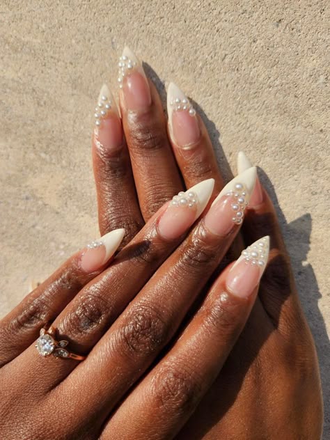 Wedding Nails For Black Women, Bridal Nails Wedding Pearl, Wedding Day Pearls, Wedding Glam Nails, Bridal Nails Dark Skin, Black Woman Wedding Nails, Wedding Nails Extra, Wedding Nails On Black Women, Bridal Almond Nails Wedding