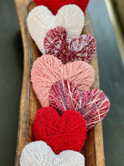 DIY Yarn Hearts Tutorial — Design of Your Life Paper Plate Yarn Hearts, Valentine Yarn Wrapped Trees, Valentines Day Yarn Crafts, Yarn Valentine Crafts, Valentines Yarn Crafts, Yarn Wrapped Hearts, Yarn Hearts Diy, Painting Exterior Brick, Seniors Crafts