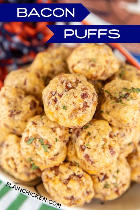 Bacon Puffs - Football Friday Make Ahead Hearty Appetizers, Bacon Puffs Recipe, Bacon Board, Bacon Side Dishes, Bacon Puffs, Party Munchies, Football Friday, Queso Cheddar, Bacon Appetizers