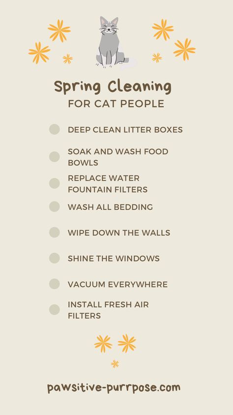 Checklist for spring cleaning for cat people Cat Cleaning Tips House, Clean House With Cats, Take Care Of Cat, Must Have Cat Items, Cat Routine Schedule, How To Take Care Of Cats, How To Stay Clean, Cat Needs List, Cat Cleaning House