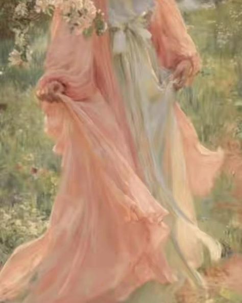 painting of a flowy light pink dress on a background of grass and sparse flowers Angelica Core, Kristina Core, Cottagecore Painting, Flower Nymph, Royalcore Aesthetic, Royal Aesthetic, Arte Inspo, Princess Aesthetic, Old Paintings