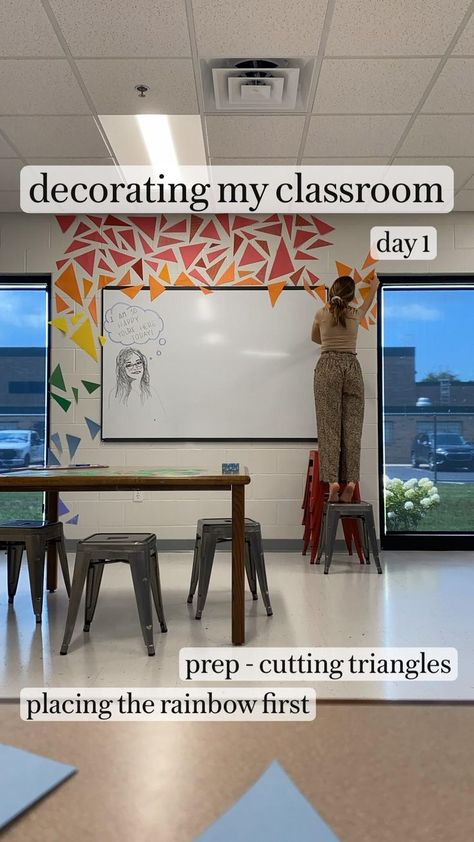 Displaying Art In School Hallway, Big Classroom Wall Decor, High Ceiling Classroom, High Classroom Decorating Ideas, Elementary School Main Office Decor Ideas, Classroom Walls Decorations, Blank Wall In Classroom Ideas, Culturally Relevant Classroom Decor, Marketing Classroom Decor