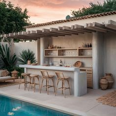 https://pin.it/OLrilD6FE Pool Barbecue Area, Entertainment Area Outdoor With Pool, Backyard Pool With Bar, Outdoor Kitchen Next To Pool, Boho Bar Design, Lanai Bar Ideas Florida, Tranquil Backyard Ideas, Outdoor Entertaining Area Australian, Pool And Bar Ideas