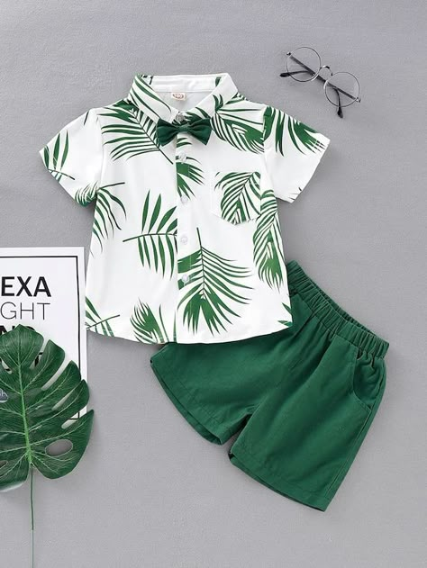 Toddler Boys Bow Tie Leaf Print Shirt With Shorts | SHEIN Kids Dress Boys, Boy Dress, Baby Boy Shirts, Trendy Boy Outfits, Baby Boy Dress, Kids Fashion Clothes, Baby Boy Fashion, Toddler Boy Outfits, Fashionable Baby Clothes