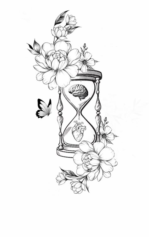 Hourglass Arm Tattoo, Time Glass Drawing, Space Filling Tattoos, Women’s Half Sleeve Tattoo Designs, Hourglass Tattoo Drawing, Hour Glass Tattoo Ideas Unique, Sand Timer Tattoo, Time Heals Tattoo, Hourglass Tattoo Feminine