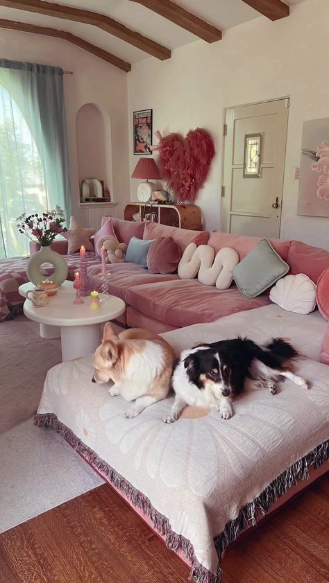 GRWM couch edition 🕯 #aestethic #maximalism #pinktok #pastel #fyp #fypシ #foryoupage #dopamineboost #losangeles Joybird Sectional, Pink Couch Living Room, Joybird Sofa, Groovy Room, Moody Bedroom Ideas, 80s Bedroom Aesthetic, Black Couches, Appartment Decor, Pink Couch