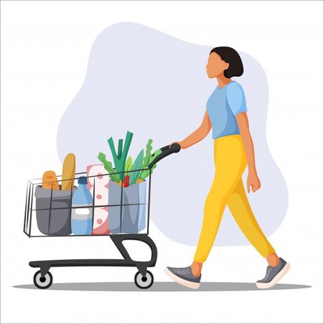 Young woman with supermarket shopping ca... | Premium Vector #Freepik #vector #food #water #woman #cartoon Isometric House, Shopping Healthy, Supermarket Logo, Ui Illustration, Water Woman, Web Illustration, Mural Art Design, Grocery Basket, Supermarket Shopping