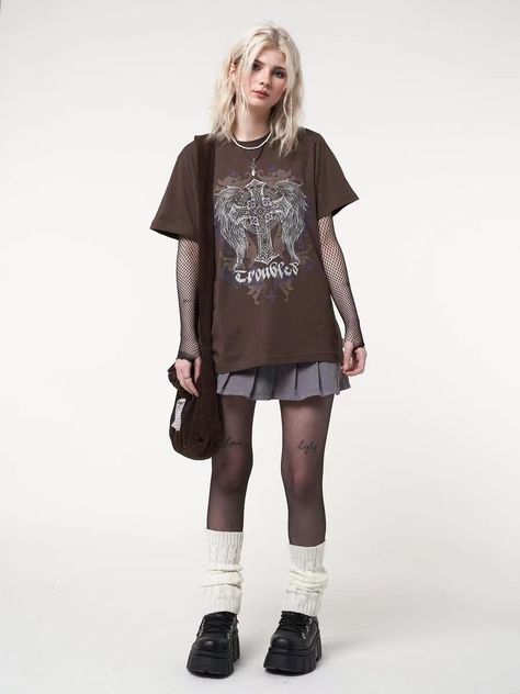 Brand: Minga London Fairycore Art, Cross Graphic, Minga London, Brown T Shirt, Plaid And Leopard, Retro Fashion Women, Grunge Fairy, Brown Tshirt, Crop Top Sweatshirt