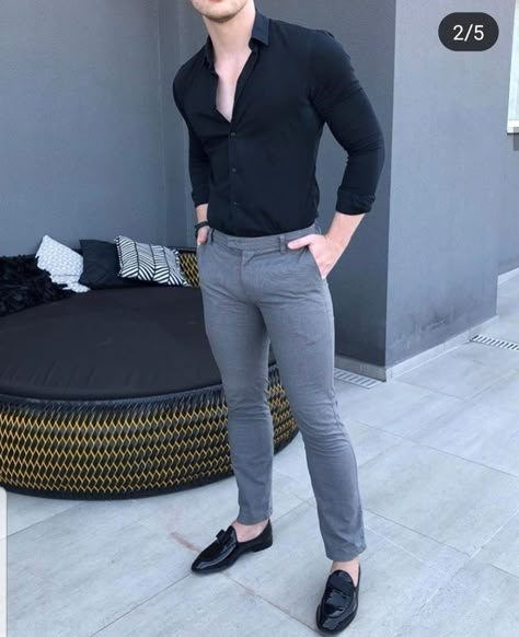 Black Shirt Grey Pants Men Formal, Gray Pants Outfit Men Casual, Gray Pants Outfit Men, Shirt Outfit Men Formal, Expensive Houses Interior, Gray Pants Outfit, December Weddings, Black Shirt Outfit Men, Men Formal Outfit