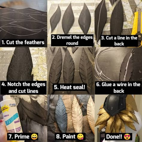 From @appycat on Facebook How To Make Moveable Wings, How To Make Feather Wings, Feather Costume Diy, Fake Feathers Diy, Foam Feathers Diy, Eva Foam Wings, How To Make Feathers, How To Make Wings Costume, Cosplay Feathers