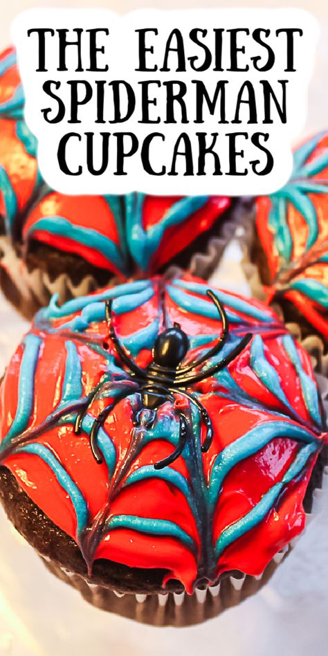 Make these easy spiderman cupcakes in a few minutes with just a few ingredients! Your kids will love them as much as you do! #spiderman #cupcakes #cupcakedecorating Easy Spiderman Cupcakes, Miles Morales Cupcakes, Spider Man Cupcakes Ideas, Spider-man Cupcakes, Spiderman Birthday Party Cake, Super Hero Cupcakes, Spiderman Birthday Party Food, 4th Birthday Party For Boys, Spidey Party