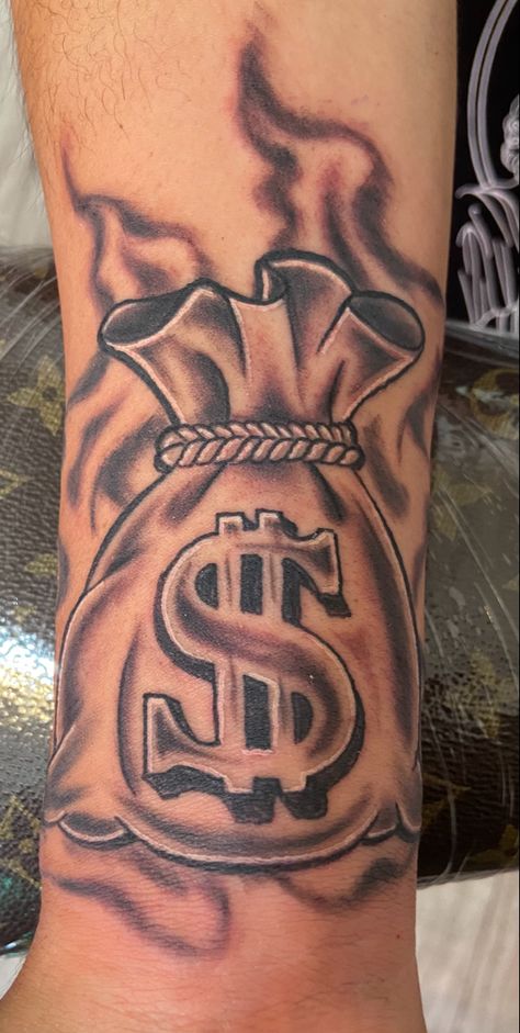 50 Dollar Tattoos For Women, Finger Candle Tattoo, South Central La Tattoo, Simple Hood Tattoos, Bag Chaser Tattoo, Tattoo Ideas Gang, Tattoo Money Dollar, Money Bag Hand Tattoo, Stack Of Money Tattoo