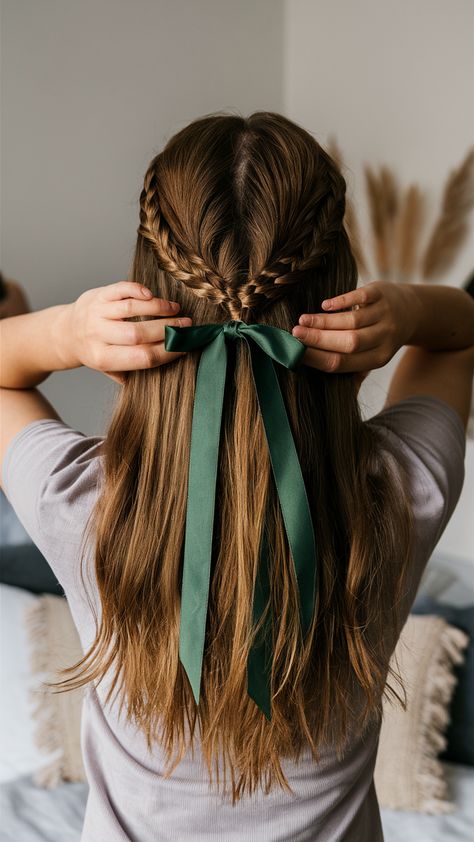 Cute Christmas Hairstyles: 25 Adorable Ideas for the Holidays - Fall Update 2024 Straight Hair Ribbon Hairstyle, Hair Styles With Ribbons, Green Hair Ribbon, Holiday Hairstyles For Kids, Hairstyle With Ribbon, Braids With Ribbon, Hair Ribbons Hairstyles, Long Hair Ribbon, Cute Christmas Hairstyles