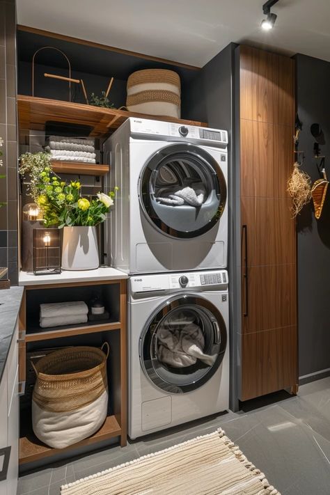 Creative Basement Laundry Ideas & Tips Utility Basement Ideas, Laundry Room Ideas In Basement, Basement Laundry Bathroom Combo, Basement Laundry Bathroom, Basement Laundry Room Ideas Unfinished, Basement Laundry Ideas, Unfinished Basement Playroom, Laundry Corner, Small Washer And Dryer