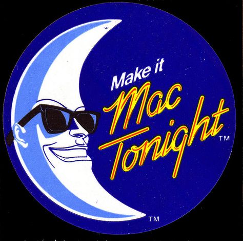 Mac Tonight promo sticker - 1986.    Mac Tonight was a character introduced back in 1986 to help sell the "late night" menu at McDonald's. He was a crescent-moon-headed lounge singer, and he was cool. Mac Tonight, Pagan Gods, 90s Memories, Back In My Day, 80s Nostalgia, 90s Childhood, Man On The Moon, Pics Art, Man In Love