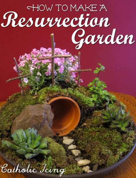 Step by step directions with pictures on how to make a Resurrection Garden. This version is fast, easy, cheap, and looks nice right away- no waiting for grass to sprout! Christ Centered Easter Decorations, Resurrection Garden, Catholic Icing, Easter Religious Crafts, Christ Centered Easter, Prayer Garden, Resurrection Day, Resurrection Sunday, Easter Garden