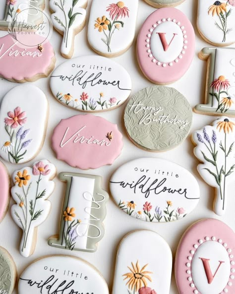 Wildflower Birthday Party, Wildflower Party, Wildflower Birthday, First Birthday Cookies, Flower Sugar Cookies, Baby First Birthday Themes, Flower Birthday Party, Royal Iced Cookies, Wildflower Baby Shower