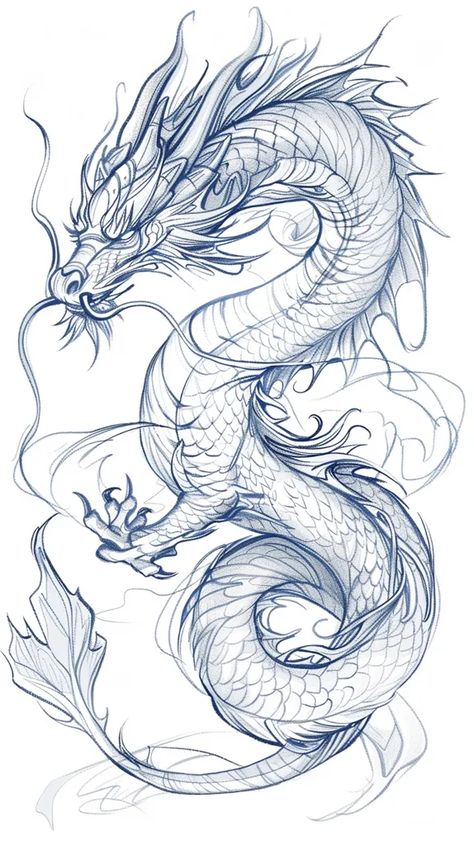 Dragon Stencil Tattoo, Detailed Art Drawings, Sketches Of Dragons, Large Dragon Tattoo, How To Draw A Dragon, A Dragon Drawing, Drawing Ideas Dragon, Dragon Art Drawing, Water Dragon Tattoo